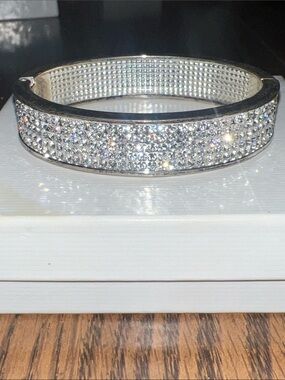 Silver Crystal Pavé Bangle Bracelet - Sparkling Clear Stones